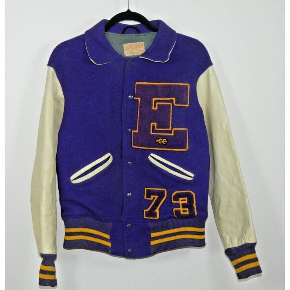 Varsity Bomber Jacket Ripon Award byCarl Dorhling Purple‎ Yellow Wool Leather